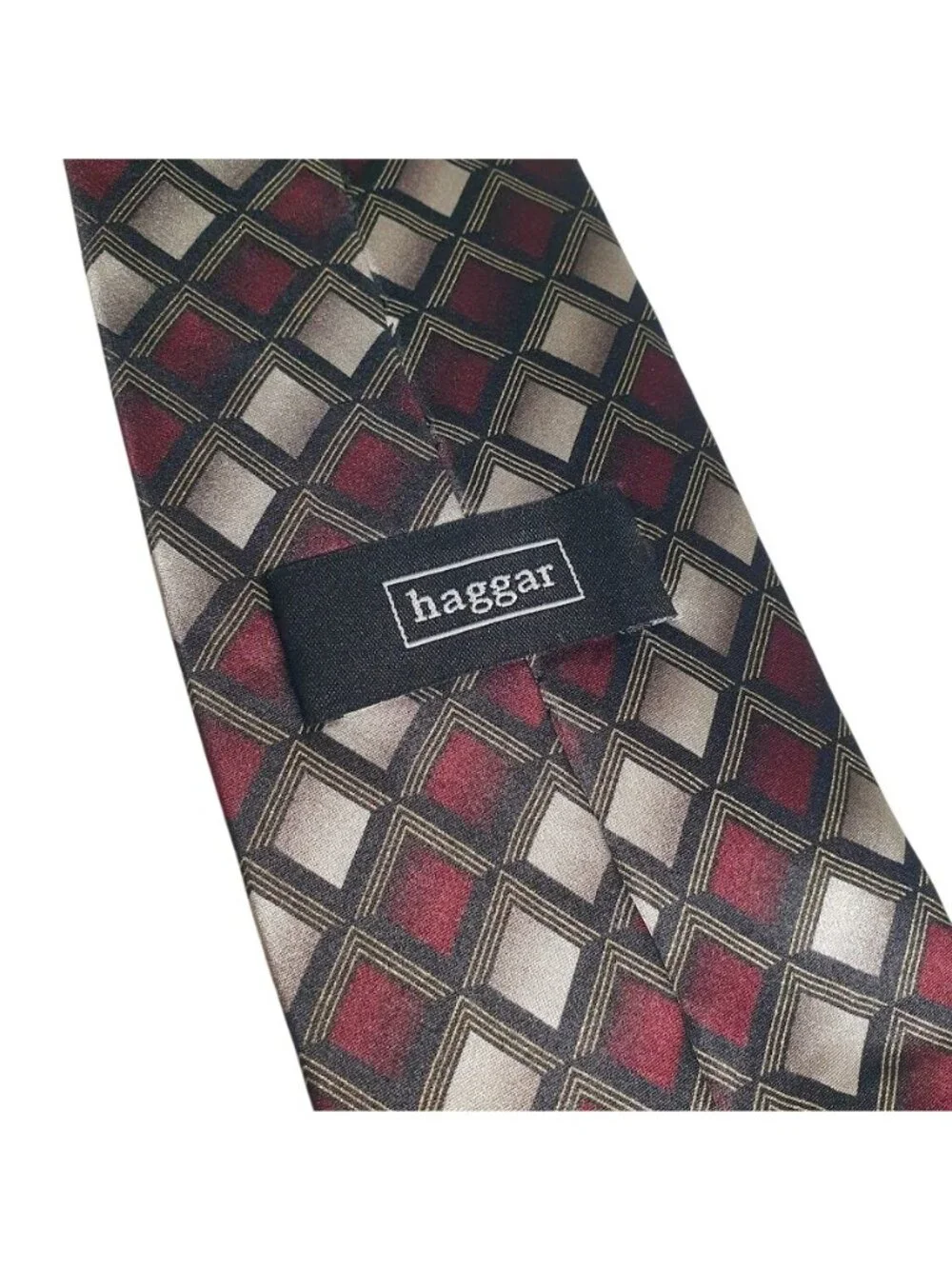 Haggar Mens Silk Tie Burgundy Silver Black Geometric Patterned Necktie Formal We